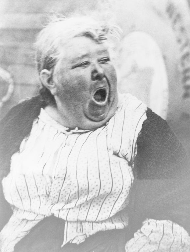 Ein Schwarz-Weiß-Foto einer schreienden Frau im Vordergrund, mit einer Wand und Gegenständen im Hintergrund.