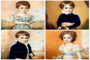 Vier Gemälde von Kindern in leuchtenden, detaillierten Outfits mit eindeutigen Gesichtsausdrücken und Posen.