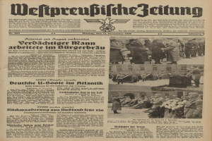 Schwarze und Weiße Titelseite einer deutschen Zeitung vom 13. November 1939, betitelt 'Weitpreubliche Zeitung', mit einer Gruppe von Menschen in traditioneller deutscher Tracht in einer feierlichen Umgebung.
