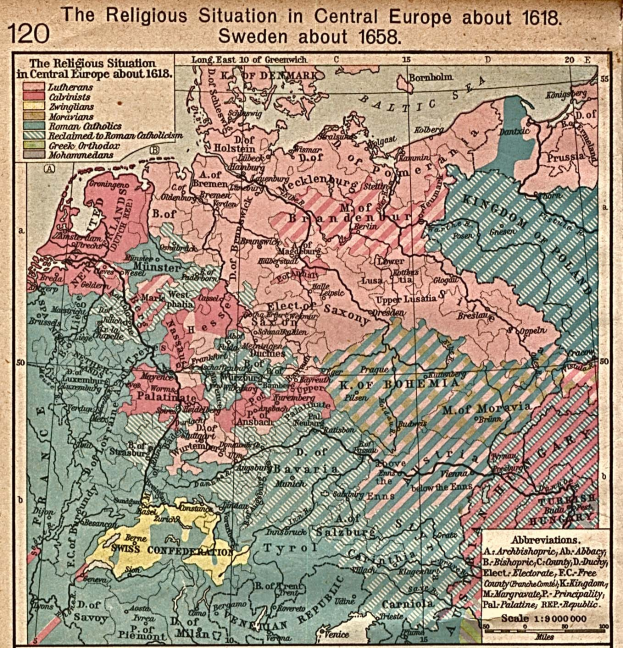 Posterkarte von Mitteleuropa aus dem Jahr 1618, die die religiöse Landschaft mit ausführlichen Textanmerkungen zeigt.