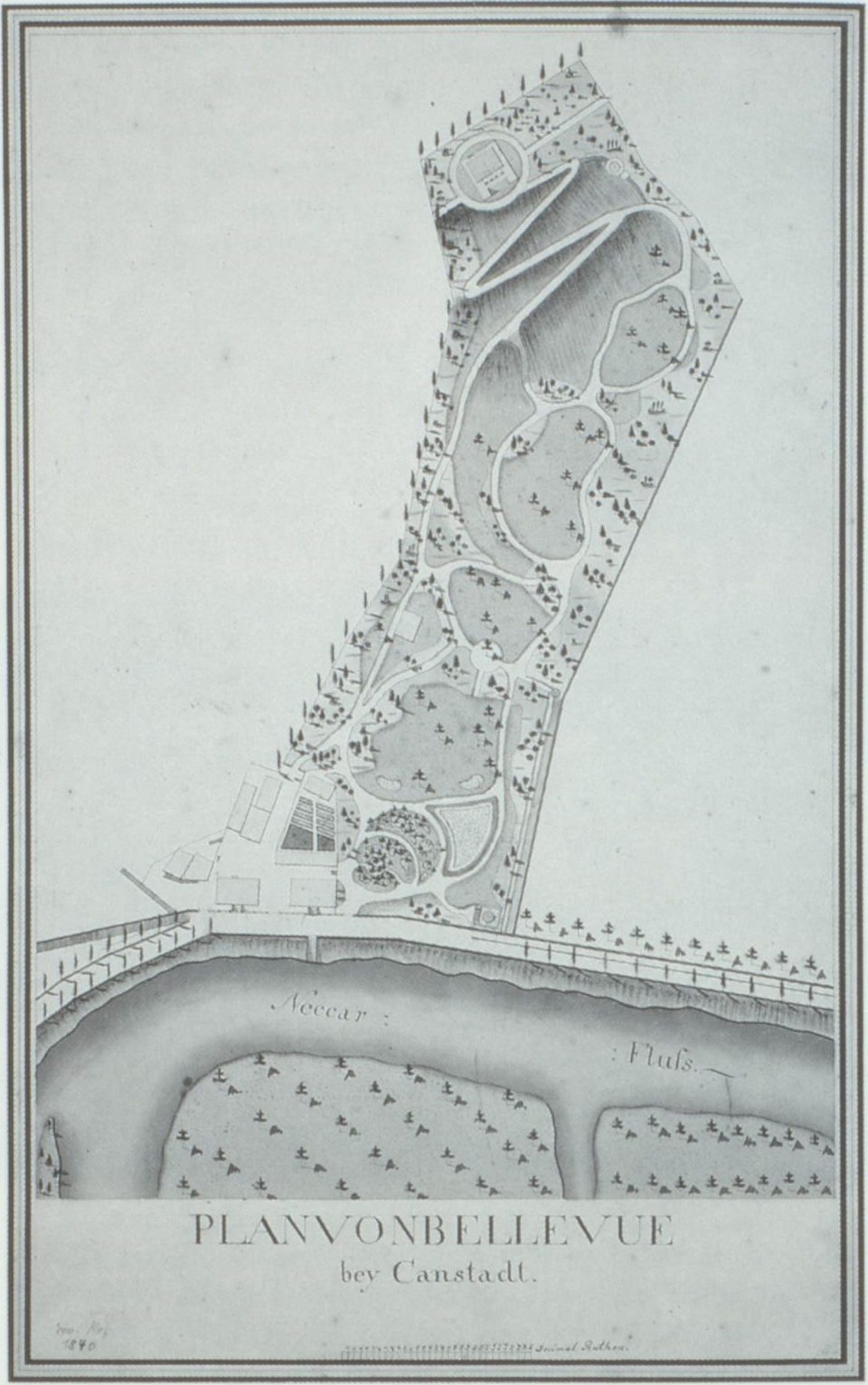 Ein Stadtplanplakat mit einem Fluss, beschriftet mit "Plan von Bellevue by Canstadt" unten.