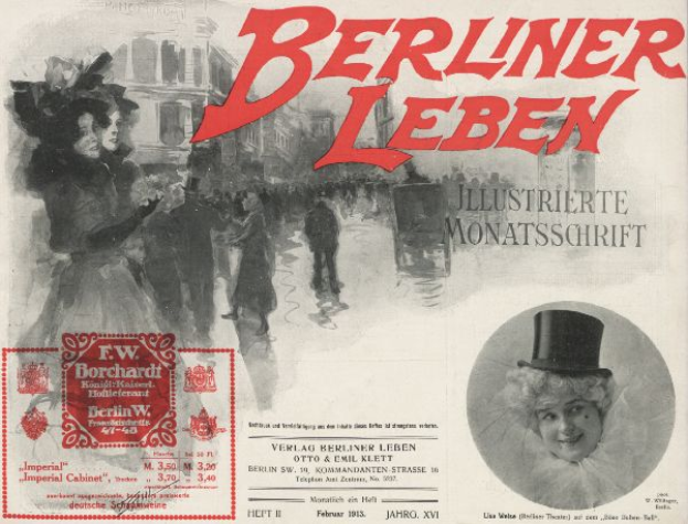 Eine Frau in einem Hut und ein Mann im Anzug sind auf einem Plakat für das Berliner Leben Theater zu sehen, mit Text, einem Stempel und Gebäuden im Hintergrund.
