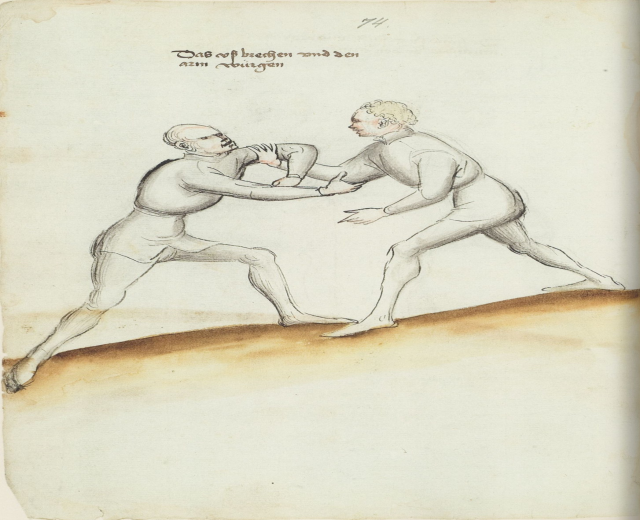 Zwei Männer in einer körperlichen Auseinandersetzung, einer wirft einen Schlag auf den anderen, der auf einem Papier mit Text steht.