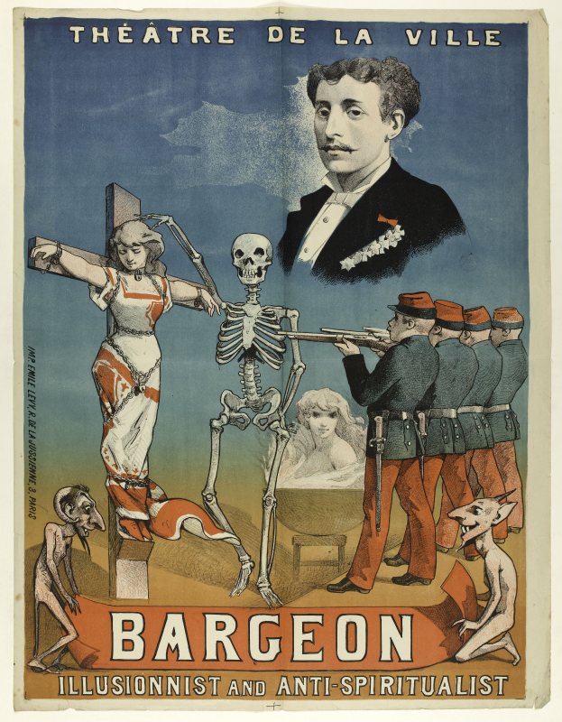 Ein Plakat für das Theatre de la Ville in Paris, das eine Gruppe von beunruhigten Menschen, einen zentralen Skelett mit ausgestreckten Armen und eine fette Schrift mit der Aufschrift "Bargeon Illusionist und Anti-Spiritualist" zeigt.