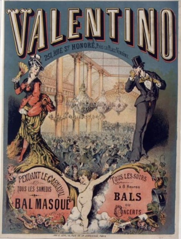 Ein Plakat, das eine Valentinstagsparty in Paris ankündigt, zeigt einen Mann in Zylinder und eine Frau in einem langen Kleid nebeneinanderstehend, mit Text auf dem Plakat.