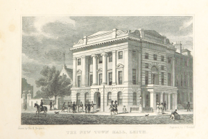 Eine Zeichnung des neuen Rathauses in Leith, England, mit Menschen, Bäumen und einem Pferd im Vordergrund, dem Himmel im Hintergrund und Text unten.