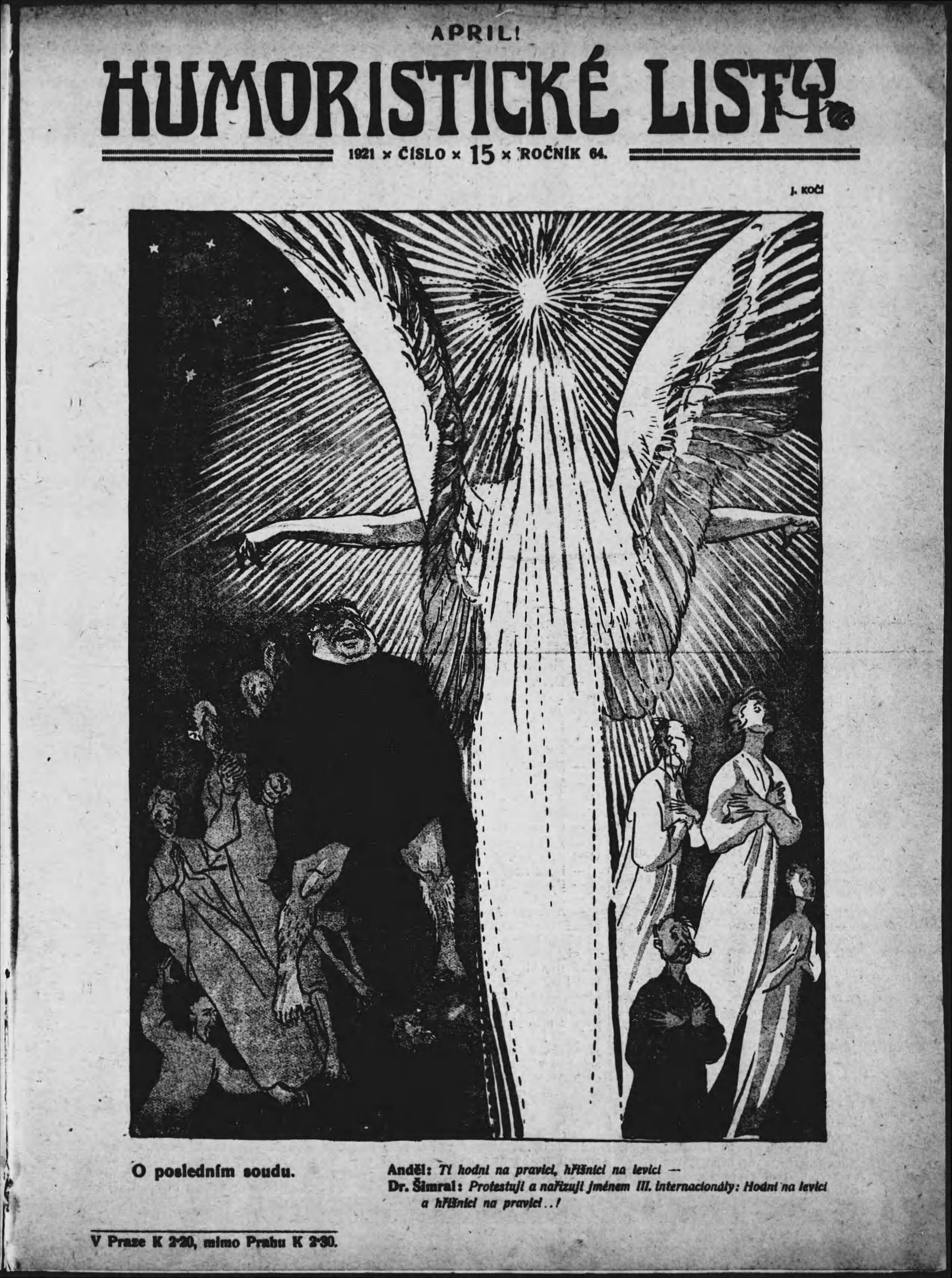 Schwarzes und weißes Plakat mit der Aufschrift 'humoristicke list - april 1921', das eine Gruppe von Menschen zeigt, die zu einem Vogel aufschauen, mit fetter Schrift.