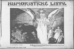 Schwarzes und weißes Plakat mit der Aufschrift 'humoristicke list - april 1921', das eine Gruppe von Menschen zeigt, die zu einem Vogel aufschauen, mit fetter Schrift.
