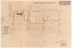 Schwarzes und weißes Architekturzeichnung des Rosenhof-Krankenhauses in Hamburg, Deutschland, zeigt detaillierte Pläne mit beschrifteten Räumen, Fluren und umfangreiche Verdrahtung an der Gebäudestruktur.