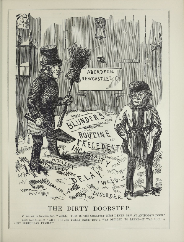 Eine Zeitung mit einer Zeichnung von zwei Personen, von denen eine einen Besenstiel hält und die andere vor einer Tür mit einer daran befestigten Tafel steht, mit der Beschriftung "Der schmutzige Türsturz".