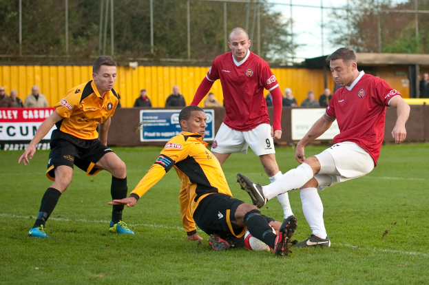 Spieler in blauen und roten Uniformen konkurrieren in einem Spiel auf einem grünen Feld, mit einem Ball und einem Baum, während Zuschauer ausserhalb des Feldes stehen und jubeln.