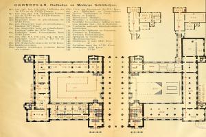 Schwarz-weißer Grundriss eines modernen Architekturmuseums mit beschrifteten Räumen und detaillierten Diagrammen auf einer Buchseite.
