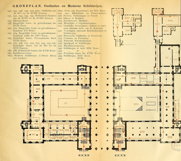 Schwarz-weißer Grundriss eines modernen Architekturmuseums mit beschrifteten Räumen und detaillierten Diagrammen auf einer Buchseite.