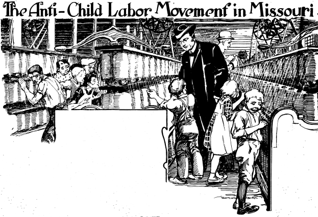 Plakat mit der Aufschrift "Die Anti-Kinderarbeit-Bewegung in Missouri" zeigt eine Gruppe von Menschen in traditioneller Kleidung, einige stehen, einige sitzen, mit Gesichtern voller Furcht und Verzweiflung.