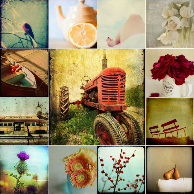 Ein Collage-Bild mit einem Fahrzeug, Boot, Teekanne, Gebäude, Blumen und Bänken.