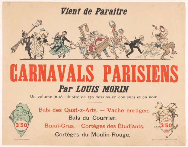 Ein Papier mit der Überschrift "Carnivals Parisiens par Louis Morin" in fetter Schrift, das farbenfrohe Illustrationen von Menschen in bunten Kostümen und Masken bei einer lebendigen Karnevalszenen zeigt.