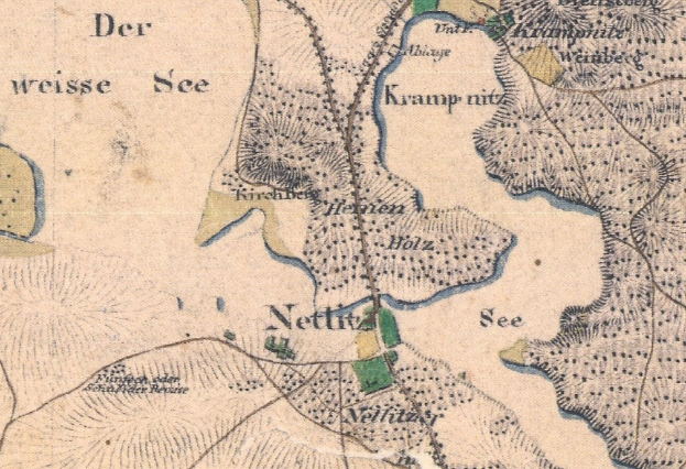 Ein altes, detailliertes Stadtplan von Nettlitz, Deutschland, mit Straßennamen, Gebäuden und Sehenswürdigkeiten.