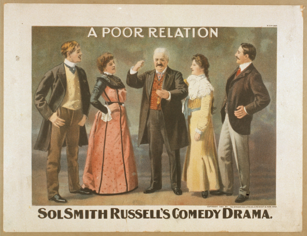 Plakat für "Sol Smith Russells Comedy-Drama: Eine schlechte Beziehung" mit einer Gruppe von lässig gekleideten Menschen verschiedenen Alters und Geschlechts auf einem hellblauen Hintergrund.