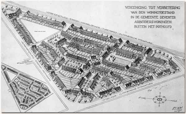 Eine Schwarz-Weiß-Zeichnung eines Stadtplans mit zahlreichen Gebäuden, darunter wahrscheinlich ein Rathaus, mit Textanmerkungen.