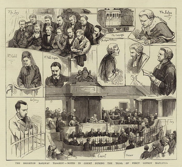 Schwarze und weiße Gerichtsszene mit einer stehenden Person, die ein Buch hält, sitzenden Zuschauern und einem durch ein Fenster sichtbaren Zug, beschriftet mit "The Brighton Railway Tragedy - Notes in Court During the Trial of Percy Leffroy Mapleton" unten.
