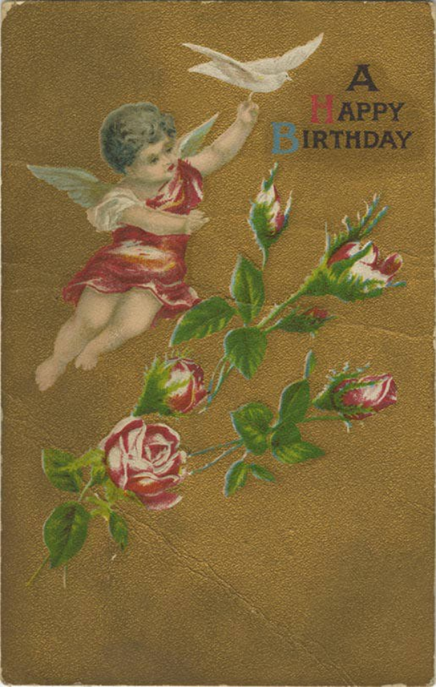 Altmodische Geburtstagskarte mit einem Amor in einem weißen Kleid mit Flügeln, der eine Taube und einen Strauß voller roter Rosen mit grünen Blättern hält, begleitet von handgeschriebenen Geburtstagswünschen.