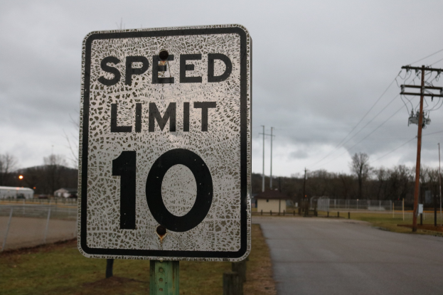 Tempobegrenzungsschild am Straßenrand mit Gras, Strommasten, einem Zaun, Häusern, Bäumen und einem bewölkten Himmel im Hintergrund.