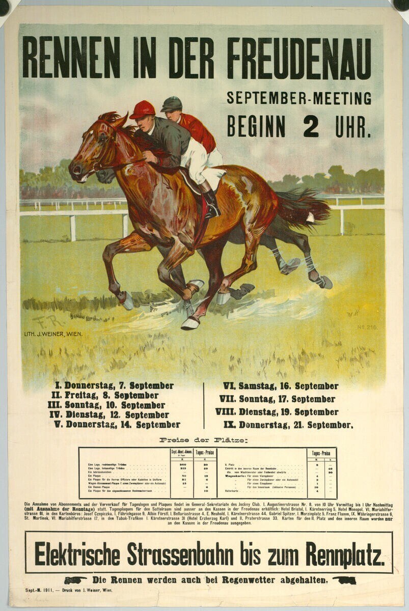 Plakat, das ein Pferderennen in Deutschland ankündigt, mit zwei Reitern auf Pferden im Vordergrund und Bäumen im Hintergrund sowie Text, der Renn-details bereitstellt.