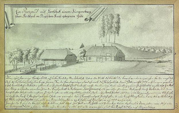 Ein altes Dokument, das einen Hof in einem Feld umgeben von Häusern, Bäumen und Himmel zeigt, mit der Beschriftung "Surgensburg, Deutschland - Landschaft eines Hofs".