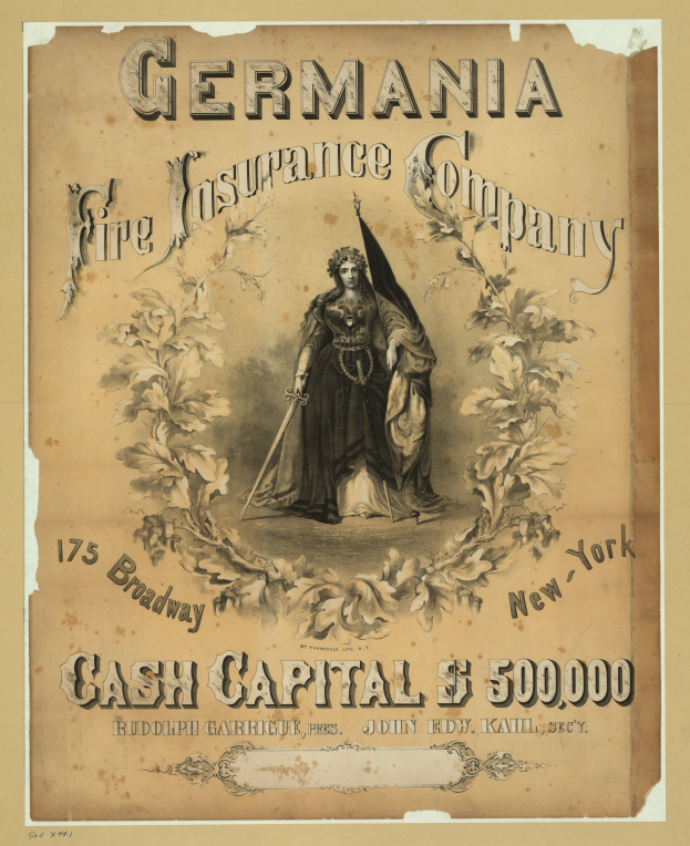 Eine alte Werbung für die Germania-Feuer-Versicherungsgesellschaft, die ein zentrales Bild einer Frau zeigt, mit Text, der die Dienstleistungen der Gesellschaft beschreibt.