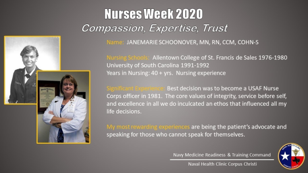 Plakat zur Nurses Week 2020 mit zwei Nurse-Fotos auf der linken Seite und dem Text "Mitgefühl, Expertise, Vertrauen" auf der rechten Seite sowie einem Logo in der rechten unteren Ecke.