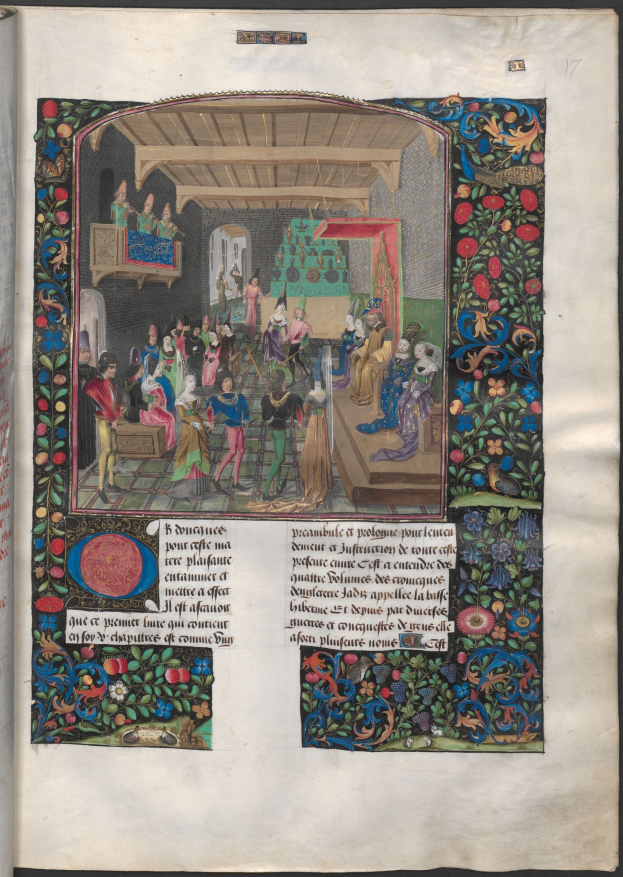 Ein aufgeschlagenes Buch zeigt eine illuminierte Handschrift mit einer farbenfrohen, detaillierten Szene von Menschen in lebhafter Unterhaltung, geschrieben in eleganter Schrift.