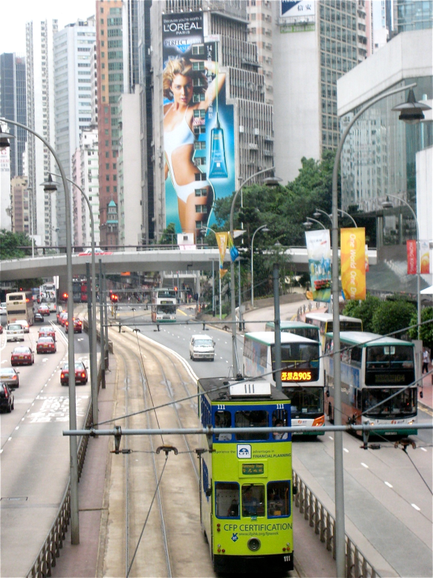 Eine belebte Stadtstraße mit verschiedenen Fahrzeugen, darunter Doppeldeckerbusse, Autos und andere Fahrzeuge, umgeben von hohen Gebäuden, Polen, Lichtern, Tafeln, Bannern, Bäumen und einer Brücke unter einem klaren blauen Himmel, mit Text am unteren Bildrand.