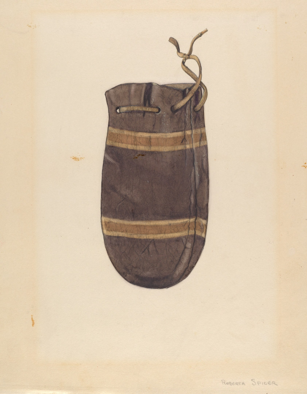 Eine braune Papiertüte mit Henkel und vorderer Reißverschluss, gezeichnet auf einem Blatt Papier mit handgeschriebener Schrift.