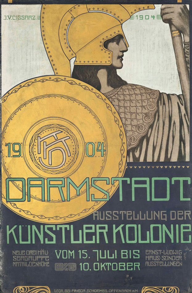 Plakat Ankündigung eines Konzerts in Berlin, Deutschland im Jahr 1904 mit einer Person in einem Helm, die ein Schild hält, mit 'Darmstadt' und 'Künstlerkolonie' in fetter Schrift.