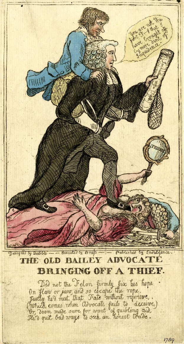 Illustration eines alten Bailey-Anwalts, der einen Dieb festnimmt, während zwei andere danebenstehen und eine Person am Boden liegt, mit Text darunter.