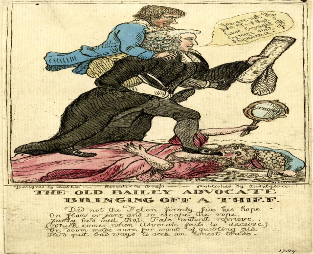 Illustration eines alten Bailey-Anwalts, der einen Dieb festnimmt, während zwei andere danebenstehen und eine Person am Boden liegt, mit Text darunter.
