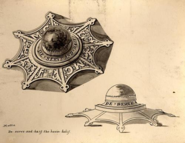 Eine Zeichnung eines Polizeisterns auf Papier, mit einem Schild, einem Stern, einem Lorbeerkranz und einer Krone, beschriftet mit "Polizeistern".