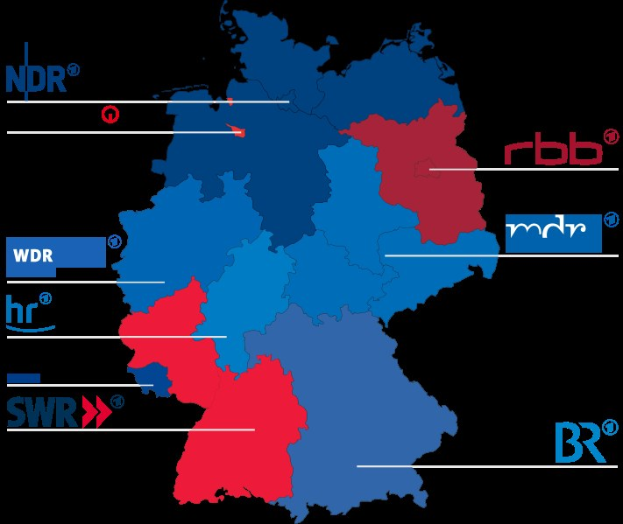 Eine Deutschlandkarte mit provinces in rot und blau markiert, um die Ergebnisse der Wahl 2016 anzuzeigen, einschließlich der Namen der Kandidaten und weiterer Details zum Wahltermin.
