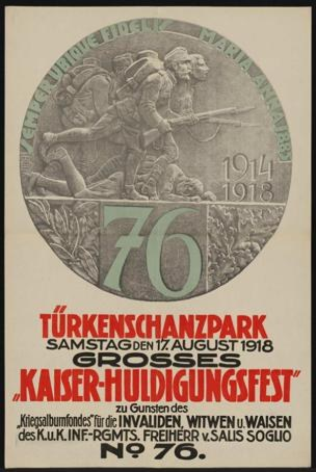 Plakat zum 70-j├Ąhrigen Jubil├Ąum des Kaiser-Huldigungsfests in Berlin, Deutschland, mit einer Gruppe von Menschen umgeben von Text und Zahlen in einem Rahmen.