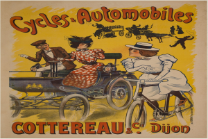Plakat, das Fahrräder und Automobile in Cottereau und Dijon, Frankreich, zeigt, mit Menschen, die Fahrräder fahren und eine Kutsche mit dem Text "Fahrräder und Automobile" oben drauf.