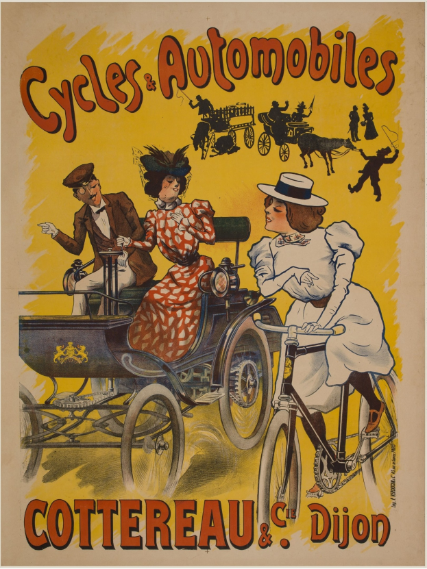 Plakat, das Fahrräder und Automobile in Cottereau und Dijon, Frankreich, zeigt, mit Menschen, die Fahrräder fahren und eine Kutsche mit dem Text "Fahrräder und Automobile" oben drauf.