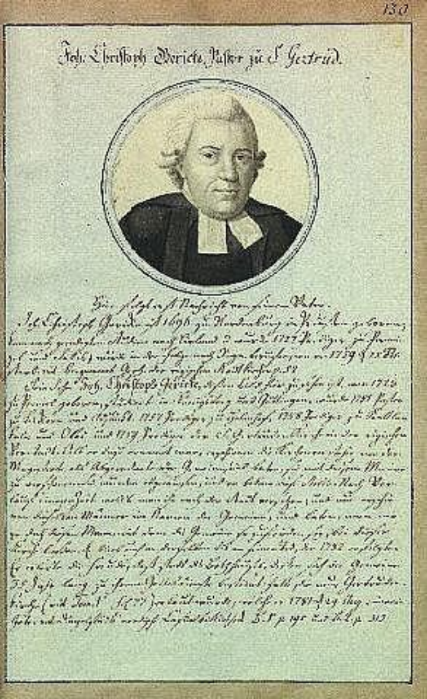 Portrait von Johann Wolfgang von Goethe in schwarzer Robe, identifiziert als erster deutscher Bundeskanzler der Bundesrepublik Deutschland, auf einem alten Dokument aus dem Jahr 1789 mit sichtbarem Text.