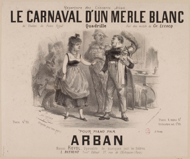 Eine Zeichnung mit einem Mann und einer Frau in traditioneller Kleidung vor einem festlichen Karneval, mit der Aufschrift "le carnaval d'un merle blanc".