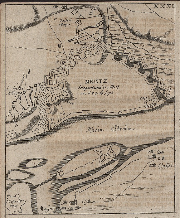 Ein detaillierter alter Stadtplan von Meintz, Deutschland, der Straßen, Gebäude, Sehenswürdigkeiten und Text enthält, der Informationen zur Bevölkerung, Lage und Geschichte der Stadt liefert.