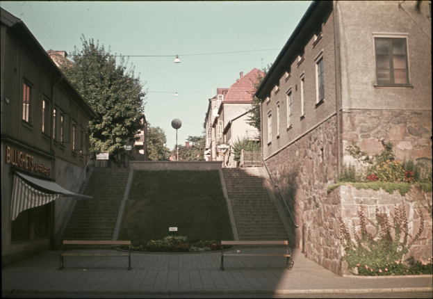 Altes Schwarz-Weiß-Foto einer Stadtstraße mit Gebäuden, Bäumen, Laternen, Bänken und Schildern unter einem Himmel.