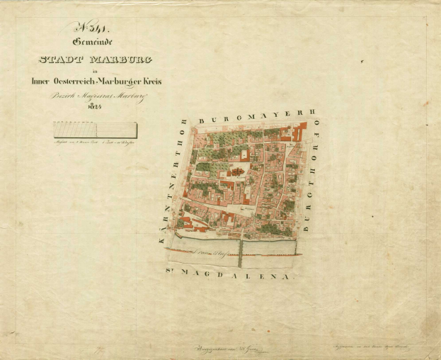 Detailierte alte Stadtplan von Stadt Marburg mit Straßen, Gebäuden und Sehenswürdigkeiten mit begleitendem Text über die Bevölkerung und Merkmale der Stadt.
