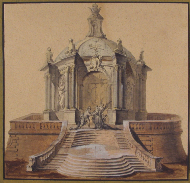 Ein gerahmtes Bild einer Brunnenstatue mit Statuen und Treppen im klassizistischen Stil.