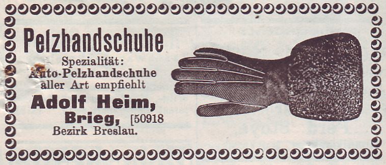 Eine alte deutsche Visitenkarte mit einem Paar Handschuhen und Text, der den Inhalt der Karte beschreibt.