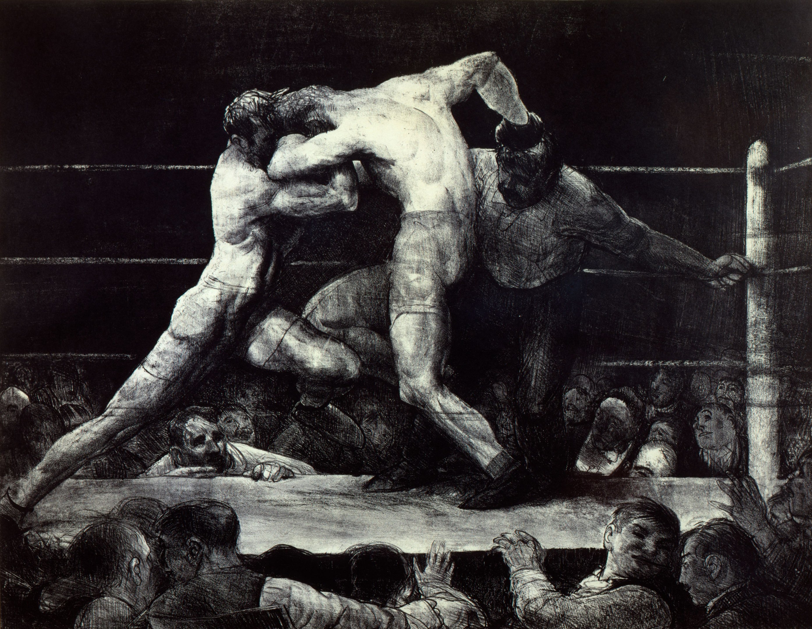 Schwarz-weiß-Zeichnung von zwei Boxern im Ring, einer setzt einen Schlag, während der andere sich verteidigt, mit einer jubelnden Menge im Hintergrund.