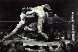 Schwarz-weiß-Zeichnung von zwei Boxern im Ring, einer setzt einen Schlag, während der andere sich verteidigt, mit einer jubelnden Menge im Hintergrund.